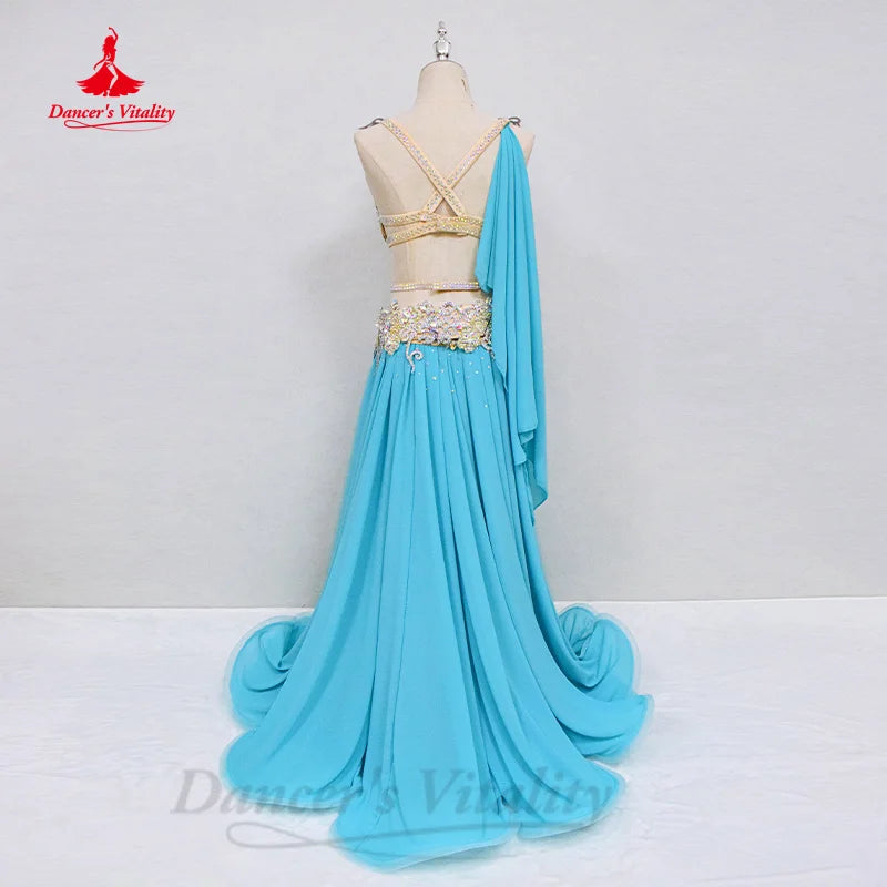 Bellydance Costume Set Customized Luxury AB Stones Bra+sexy Split Long Chiffon Skirt 2pcs Oriental Dance Performance Clothing