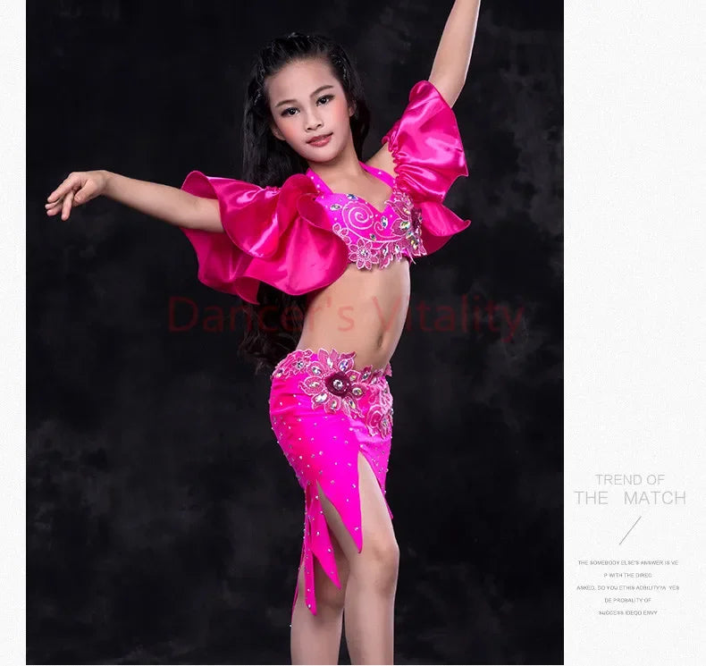 Girls belly dance clothes kids luxury belly dance suit girls top+short skirt+undewear+long skirt 4pcs kids belly dance set S,ML