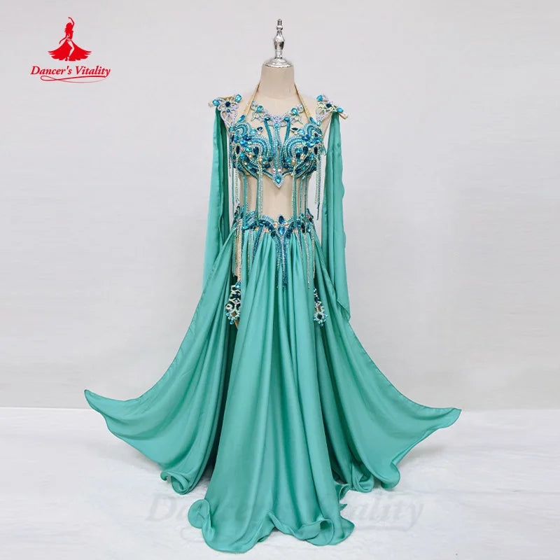 Belly Dance Clothing Women's Customization Luxury Rhinestone Bra+senior Satin Split Long Skirt 2pcs Oriental Performance Set