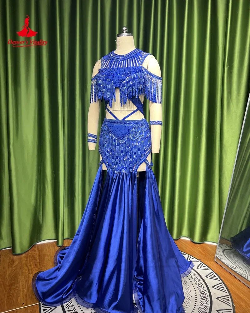 Belly Dance Performance Suit for Women Bra Top+satin Long Skirt 2pcs Customsized Adult Chidlren Oriental Belly Dancing Outfit