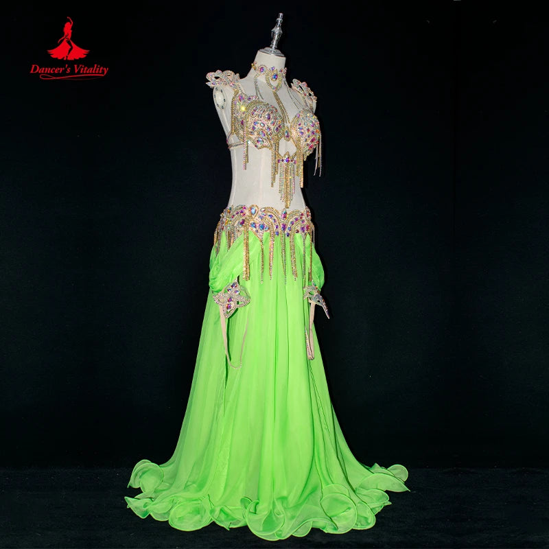 Belly Dance Costume Suit Women Customsized AB Stones Bra+belt+accessories+chiffon Long Skirt 4pcs Female Belly Dancing Outfit