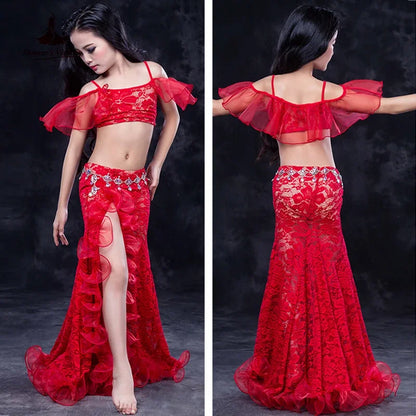 Girls Professional belly dancing clothes luxury sleeveless top+lace split sirt 2pcs child dance set kids belly dance suit SML