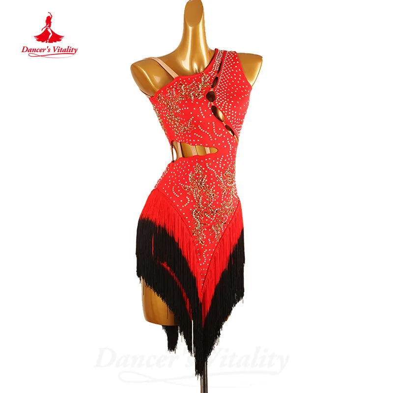 Latin Dance Competition Dress Customized Senior AB Stones Tassel Dress Women Tango Rumba Samba Professional Performance Costume