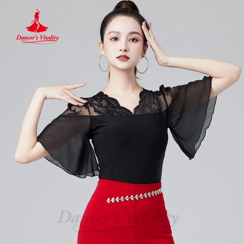 Latin Dancing Modern Dance Costumes Customization Black Sexy Lace Flared Sleeve Top Adult Tango ChaCha Samba Practice Clothes