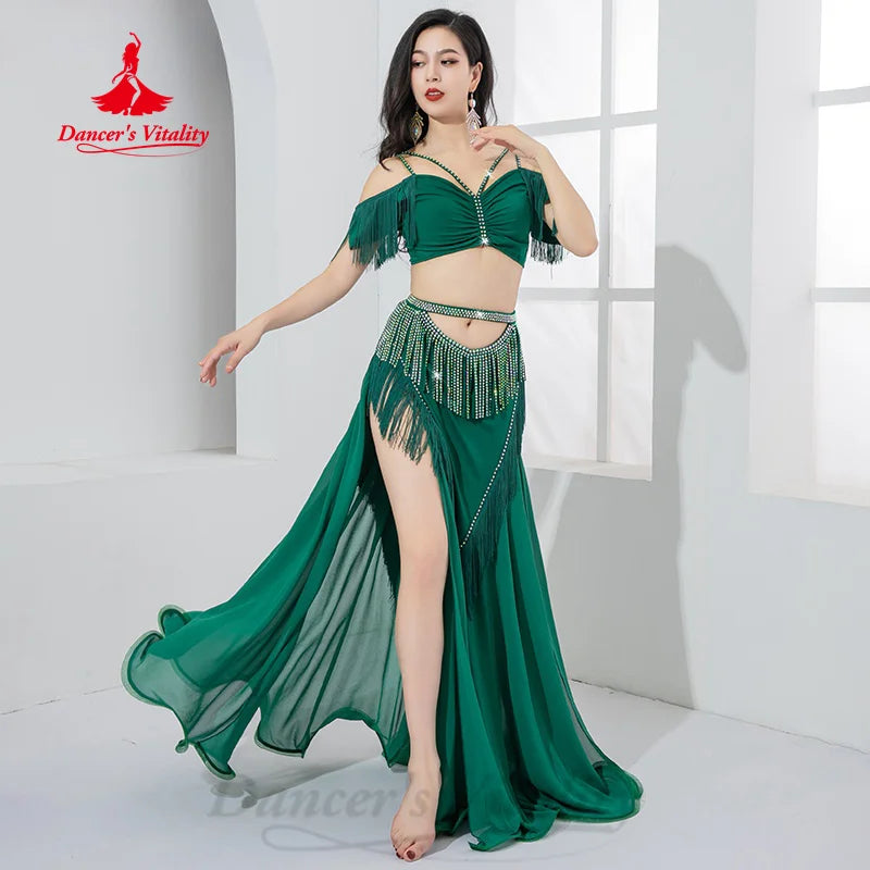 Bellydance Practice Clothes Customized V-neck Sleeveless Top+AB Stones Tassel Long Skirt 2pcs Belly Dance Performance Costumes