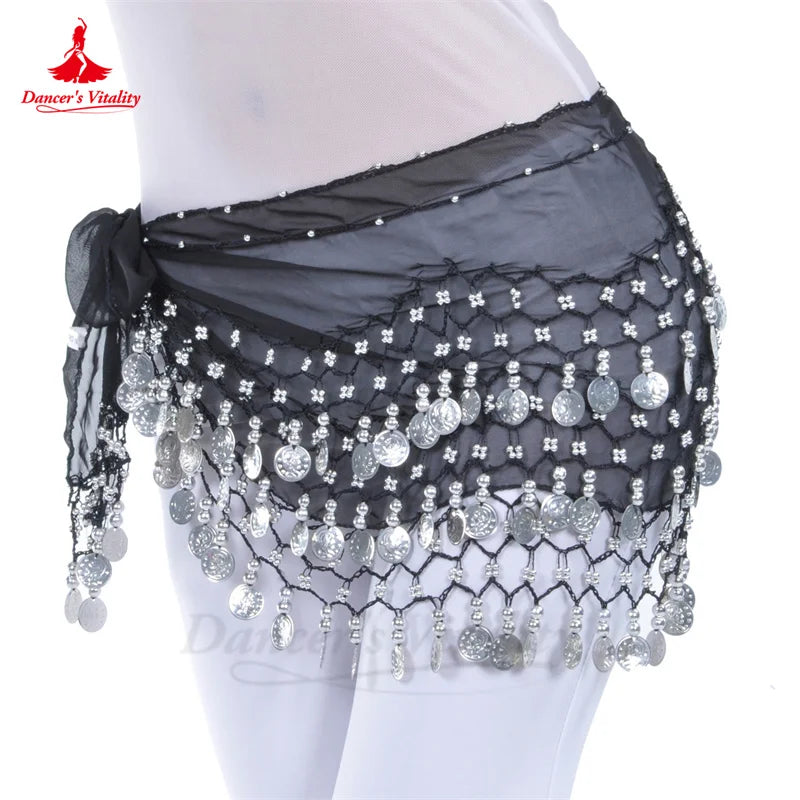 Belly Dance Belt for Women Chiffon Gold Coines Oriental Dancing Wear Accessies Girl's Chiffon Silver Coines Bellydance Hip Scarf