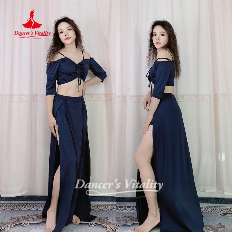 BellyDance Costume Set Sexy V-neck Top+Long Skirt 2pcs Adult Women Oriental Belly Dance Practice Clothes Dancer's Vitality