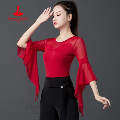 Latin Dancing Costumes Women's Customization Comfortable and Slimming Flared Sleeve Top Chacha Tango Rumba Practice Clothes