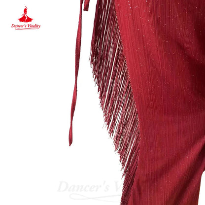 Bellydance Practice Suit Customized Sleeveless Fringe Top+comfortable Long Pants 2pcs Women Oriental Dance Performance Clothing