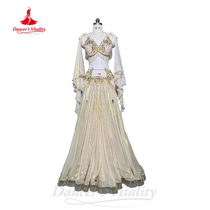 Belly Dance Performance Set for Women Customized Senior AB Stones Bra+sexy Split Long Skirt+sleeves 3pcs Oriental Dancing Outfit