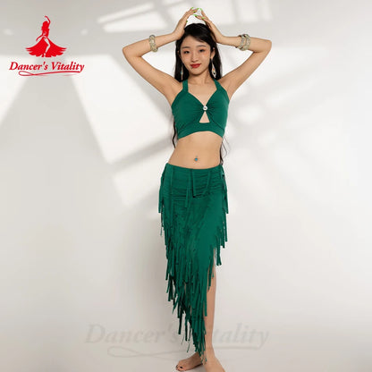 Belly Dance Costume Suit for Women Cotton Top+tassel Skirt 2pcs Oriental Belly Dancing Performance Professional Costumes Set