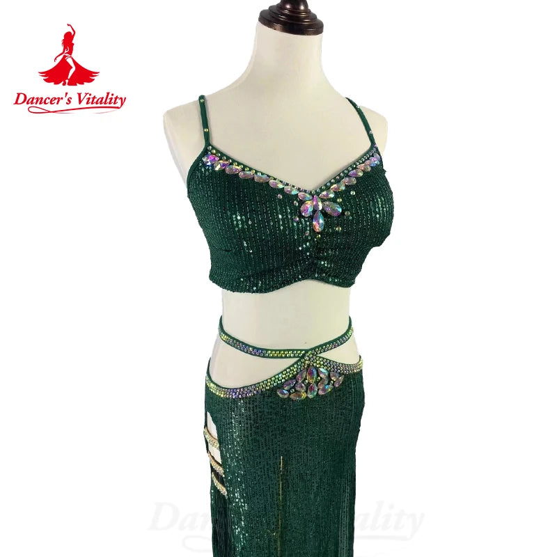 BellyDance Costume Suit Light Luxury Rhinestone Top+sequin Split Long Skirt 2ps Oriental Dance Professional Performance Clothing