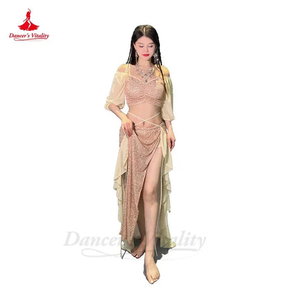 Belly Dance Costume Set for Women Short Sleeves Top+split Long Skirt 2pcs Oriental Professional Set Belly Dancing Wear Outfit