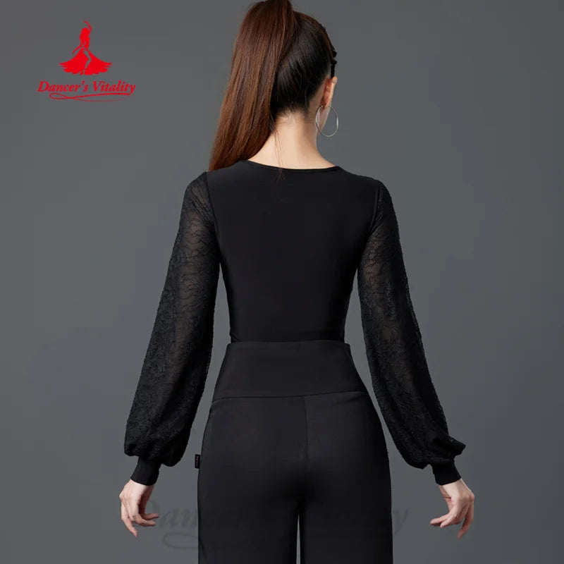 Modern Dancing Latin Dance Clothing Customized Sexy Lace Long Sleeved Top Women Tango Chacha Samba Professional Training Clothes