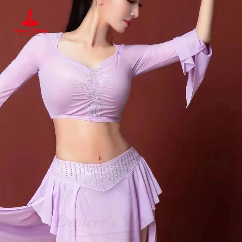 Belly Dance Practice Clothing Customized Trumpet Sleeve Top+sexy Slit Long Skirt 2pcs Women Oriental Dance Performance Costumes