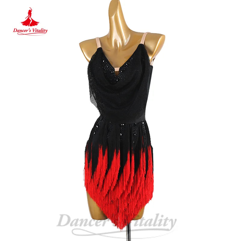 Latin Dance Professional Performance Clothing Customized Sexy Backless Gradient Tassel Dress Tango Chacha Competition Dresses