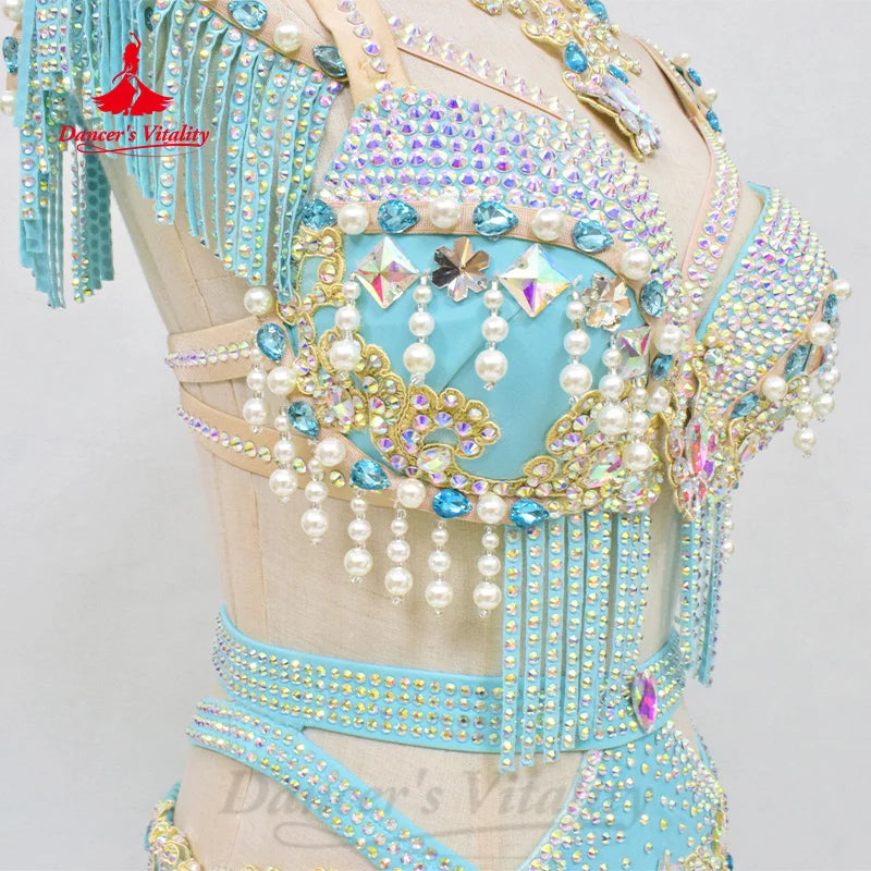 Belly Dancing Outfit Women Customized Pearl Tassel Bra+Luxury Diamond Split Long Skirt 2pcs Oriental Dance Performance Costumes