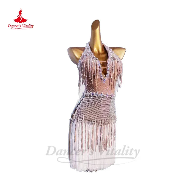 Latin Dance Dress for Women Custom Rumba Chacha Tango Performance Costume Skirt Adult Child Latin Professional Tassel Dresses