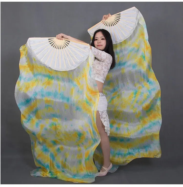 Dyed 100% pure natural silk fan veils for women belly dance performance fan belly dance costumes and accessories A pair