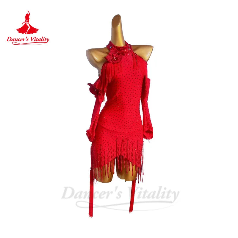 Latin Dance Performance Dress for Women Long Sleeves AB Stones Rumba Chacha Tango Competition Skirt Adult Child Latin Dresses