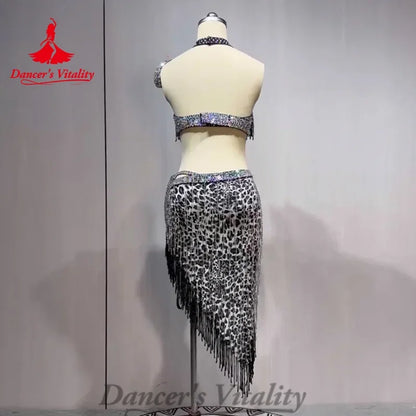 Belly Dance Costume Customized Rhinestone Tassels Bra+leopard Print Skirt 2ps Adult Children Oriental Dance Performance Costumes