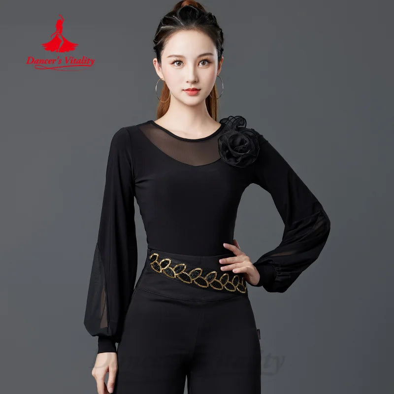 Modern Dancing Latin Dance Tops Women's Customized Exquisite Flower Long Sleeved Top Adult Tango Chacha Samba Training Clothes