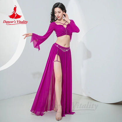 Belly Dance Performance Suit for Women Mesh Long Sleeves+split Long Skirt 2pcs Oriental Belly Competition Professional Cothing