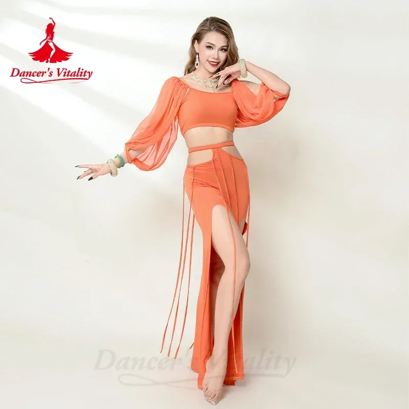 Belly Dance Costume Set for Women Guaze Long Sleeves Top+modal Long Skirt 2pcs Adult Belly Dancing Performance Outfit