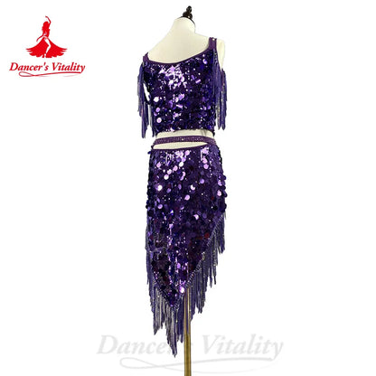 BellyDance Costume Set Customsized Big Sequins Top+Sexy Fringe Skirt 2pcs Adult Children Oriental Dance Performance Costumes