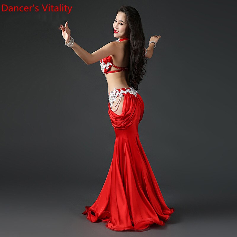 Belly Dance Professional Costume Suit Bra+Satin Long Skirt 2pcs Customzied for Women Oriental Belly Dancing Competiton Clothing