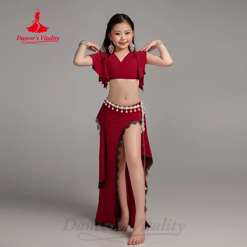BellyDance Practice Clothes for Kid V-neck Short Sleeved Top+Lace Long Skirt 2pcs Girls Oriental Dance Training Clothing