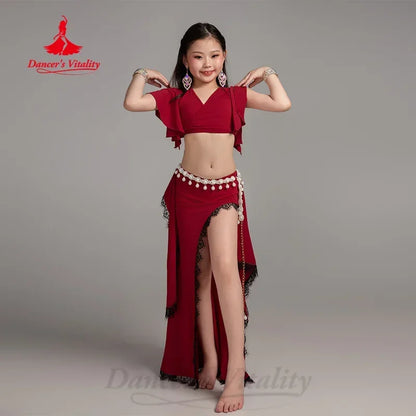 BellyDance Practice Clothes for Kid V-neck Short Sleeved Top+Lace Long Skirt 2pcs Girls Oriental Dance Training Clothing