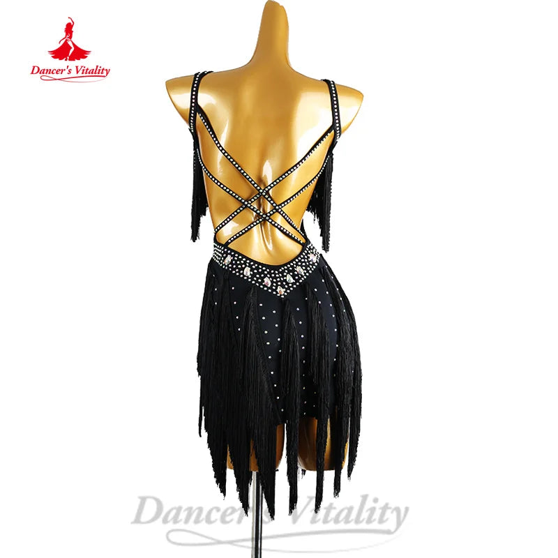 Latin Dance Competition Dresses Customized Luxury Rhinestone Backless Tassel Dress Adult Children Chacha Performance Costumes