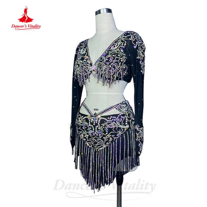 Belly Dance Costume Suit Customsized Mesh AB Stones Long Sleeves Top+tassel Short Skirt 2pcs Belly Dancing Performance Outfit