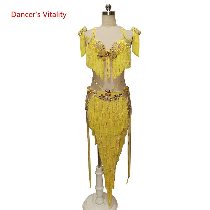 Belly Dance Competition Outfits Customized Bra Diamond Tassel Skirt Set Oriental Indian Drum Dancing Stage Performance Costume