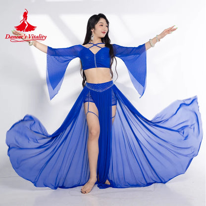 Belly Dance Costume Set for Women Half Sleeves Top+mesh AB Stones Long Skirt 2pcs Adult Oriental Belly Dancing Wear Clothing Set