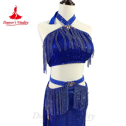 BellyDance Costume Suit Women's Customization Sleeveless Fringe Top+sequin Split Long Skirt Oriental Dance Performance Costumes