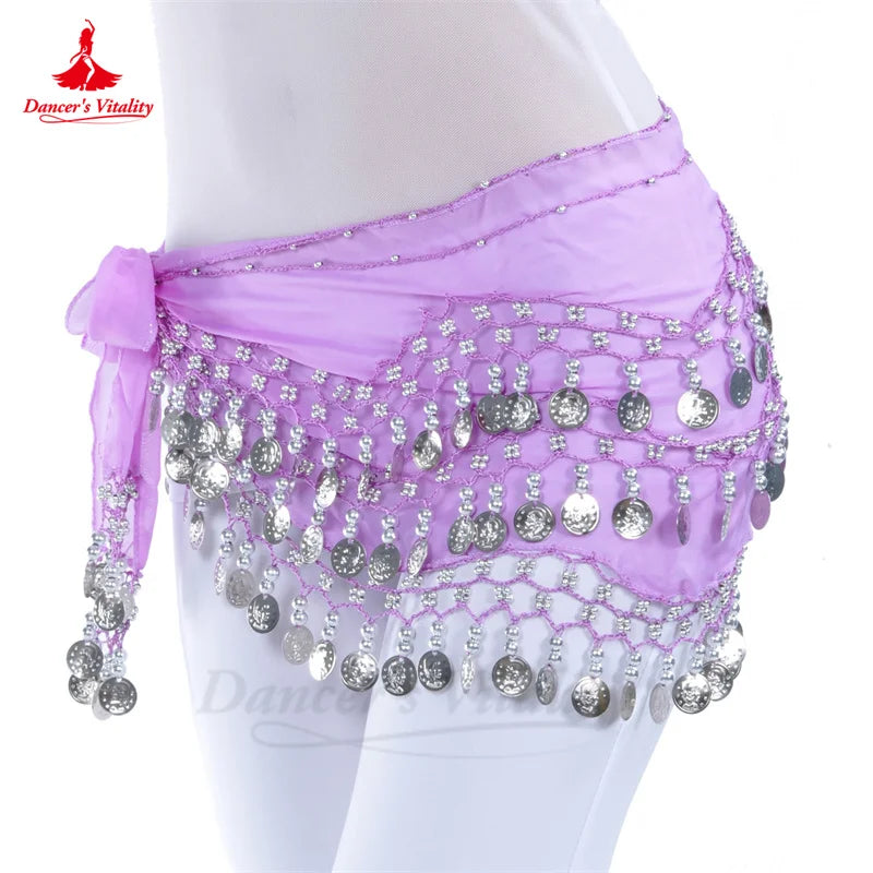 Belly Dance Belt for Women Chiffon Gold Coines Oriental Dancing Wear Accessies Girl's Chiffon Silver Coines Bellydance Hip Scarf