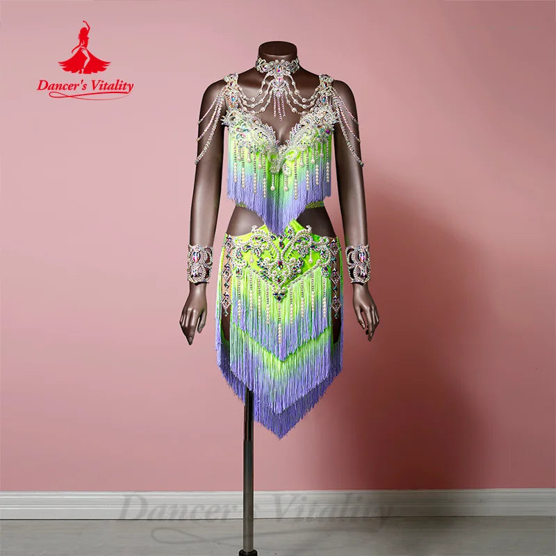 BellyDance Performance Costumes Customized Exquisite Pearl Luxury Diamond Tassel Dress Adult and Children Competition Clothing