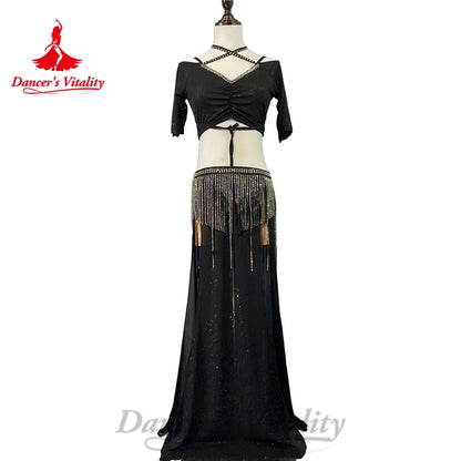 Belly Dance Costume Customized Short Sleeve V-neck Top+tassels Long Skirt 2pcs Oriental Dance Professional Performance Clothing