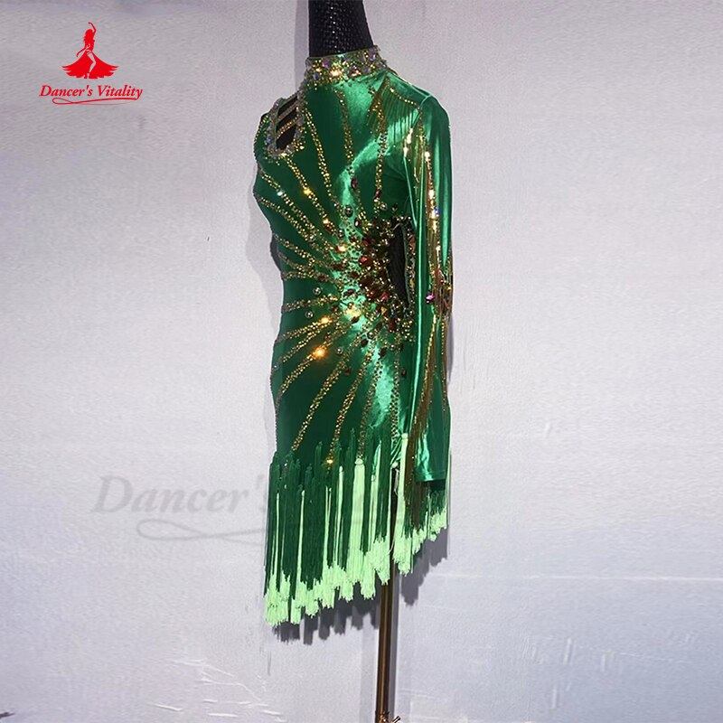 Latin Dance Competition Suit Green Diamond Performance Costume Adult Female Rumba Chacha Tango Latin Dance Black Pool Dresses