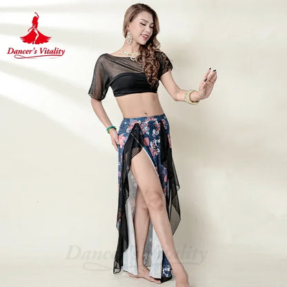 Belly Dance Costume Set for Women Gauze Short Sleeves Top+printing Long Skirt 2pcs Adult Belly Dancing Outfit