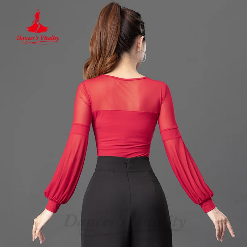 Latin Dance Practice Costume Women's Customized Long Sleeved Comfortable Slimming Top Tango Chacha Samba Training Clothing