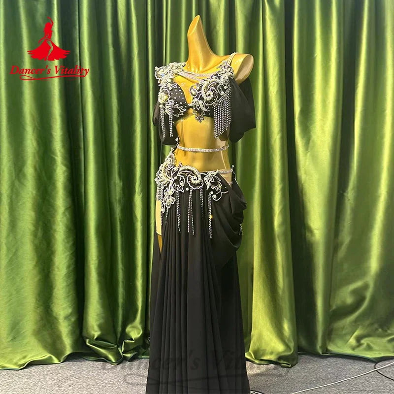 Bellydance Costume Customized Senior ABStones Bra+split Chiffon Long Skirt 2pcs Oriental Dance Professional Performance Clothing