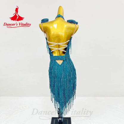 Latin Dance Performance Costumes Senior Diamond Backless Tassel Dress Customized Adult Children Tango Samba Latin Dance Dress