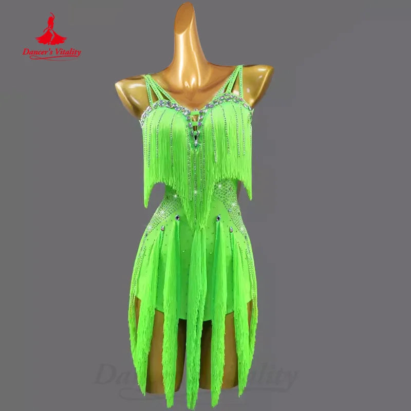 Latin Dance Competition Dresses Customized Luxurious Rhinestone Sexy Backless Tassel Dress Tango Chacha Samba Perform Clothing