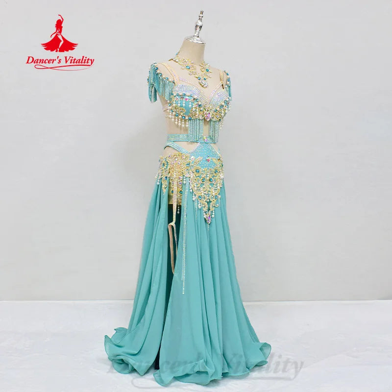 Belly Dancing Outfit Women Customized Pearl Tassel Bra+Luxury Diamond Split Long Skirt 2pcs Oriental Dance Performance Costumes