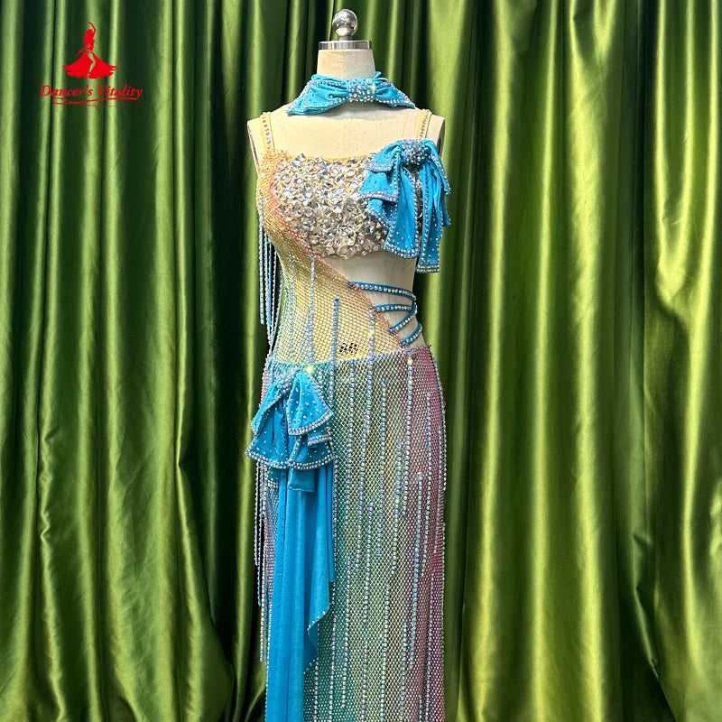 BellyDance Costume Women Customized Luxury Rhinestone Gradient Tassel Dress Oriental Dance Professional Performance Clothing