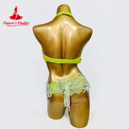 Belly Dance Performance Set for Women Senior AB Stones Bra+belt Pcs Customsized Oriental Belly Dancing Competiton Suit