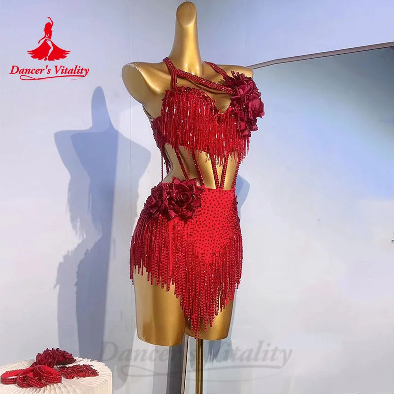 Latin Dance Performance Costumes Senior Rhinestone Fringe Dress Customized Adult Children Tango Chacha Samba Competition Dresses